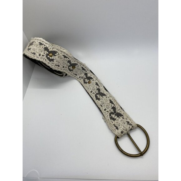 Green Beige Lace Women's Canvas Belt with Rivets Size 11 41.5" End2End x 1.75" - Picture 9 of 12